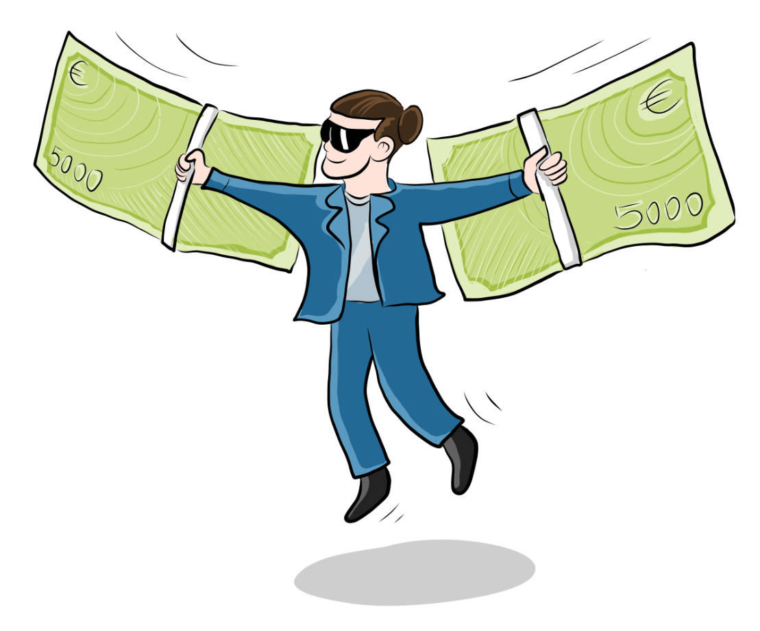 Illu-10000 Typ hebt mit riesigen Geldscheinen ab, die als Flügel fungieren